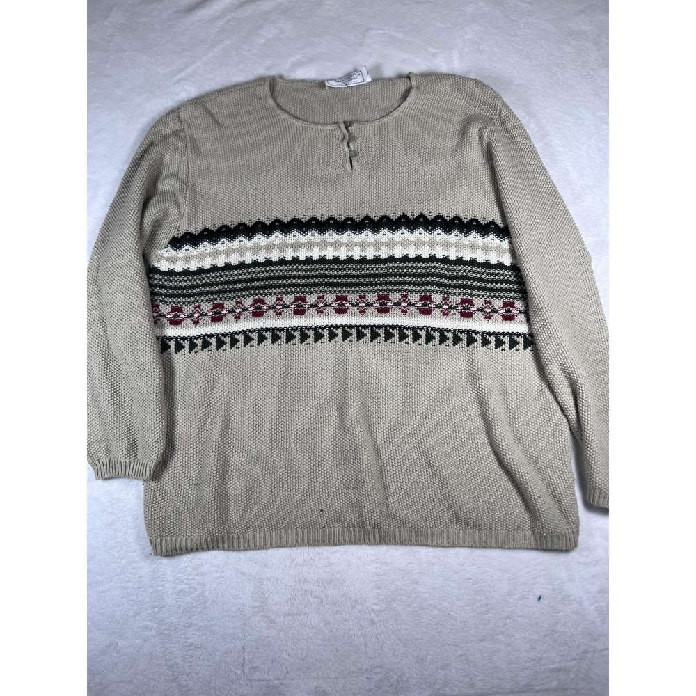 United‎ States Sweaters Sweater Womens 3X Beige Fair Isle Henley Knit Pullover